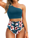 Emoswim - One Shoulder High Waisted Bikini Sets Two Piece Swimsuit Tummy Control-Teal Flower