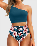 Emoswim - One-Shoulder High Waist Bikini-Sets Zweiteiliger Badeanzug Bauchweg - Petrol Blume