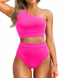 Emoswim - One Shoulder High Waisted Bikini Sets Two Piece Swimsuit Tummy Control-Pink