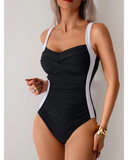 Emoswim - Women One Piece Swimsuit Ruched Tummy Control Bathing Suit Slimming Color Block Swim Suit Swimwear-Black