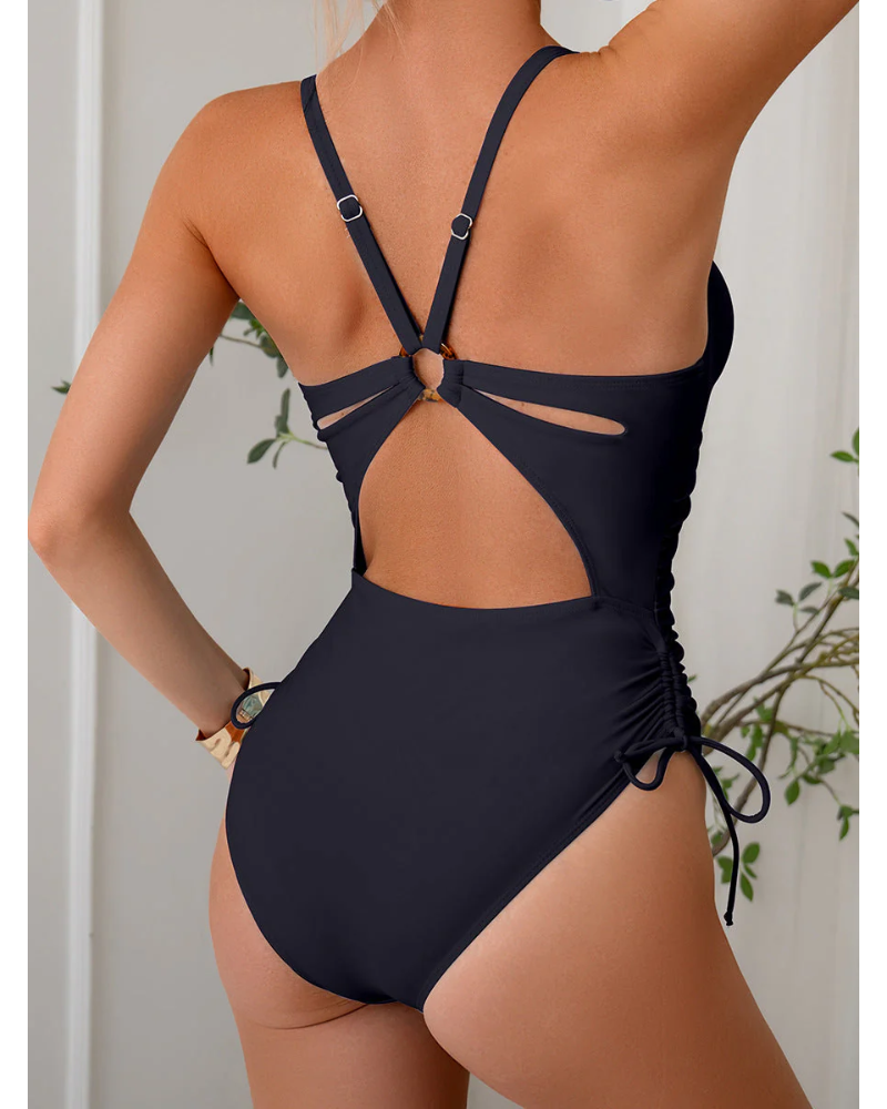 Emoswim - Womens One Piece Swimsuits Tummy Control Summer Beach Bathing Suit for Women Solid Color V Neck Back O Ring Swimwear-Black