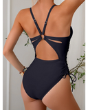 Emoswim - Womens One Piece Swimsuits Tummy Control Summer Beach Bathing Suit for Women Solid Color V Neck Back O Ring Swimwear-Black