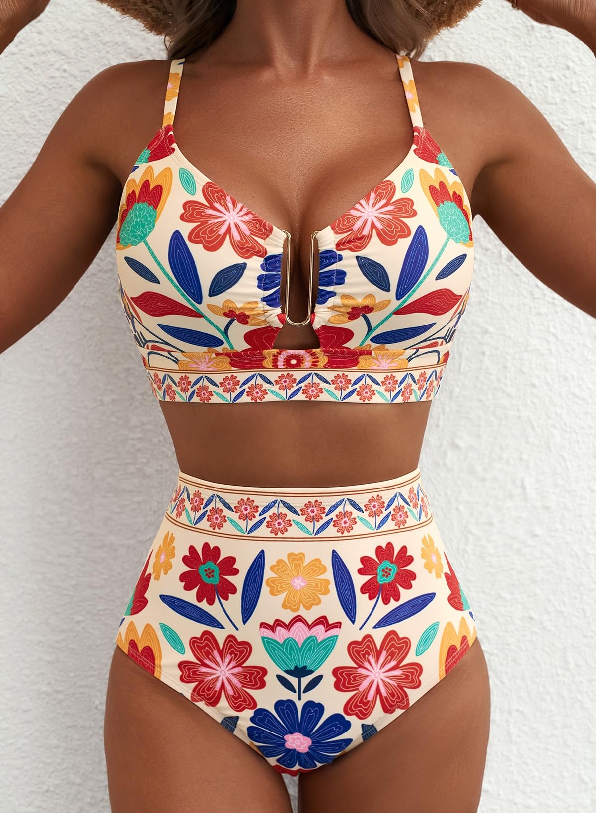 Emoswim - 2026 Summer Two Piece Bikini Set U-Wire Cutout High Waisted Swimsuit-Orange Floral