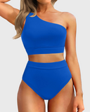 Emoswim - One Shoulder High Waisted Bikini Sets Two Piece Swimsuit Tummy Control-Blue