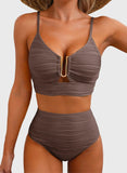 Emoswim - Sommer Zweiteiliges Bikini-Set U-Bügel Cut-Out High Waist Badeanzug - Braun