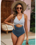 Emoswim - Womens One Piece Swimsuits Push Up Tummy Control Bathing Suits V Neck Cutout Modest Swimwear-White/Blue