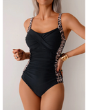 Emoswim - Women One Piece Swimsuit Ruched Tummy Control Bathing Suit Slimming Color Block Swim Suit Swimwear-Lepoard