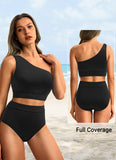 Emoswim - One Shoulder High Waisted Bikini Sets Two Piece Swimsuit Tummy Control-Black