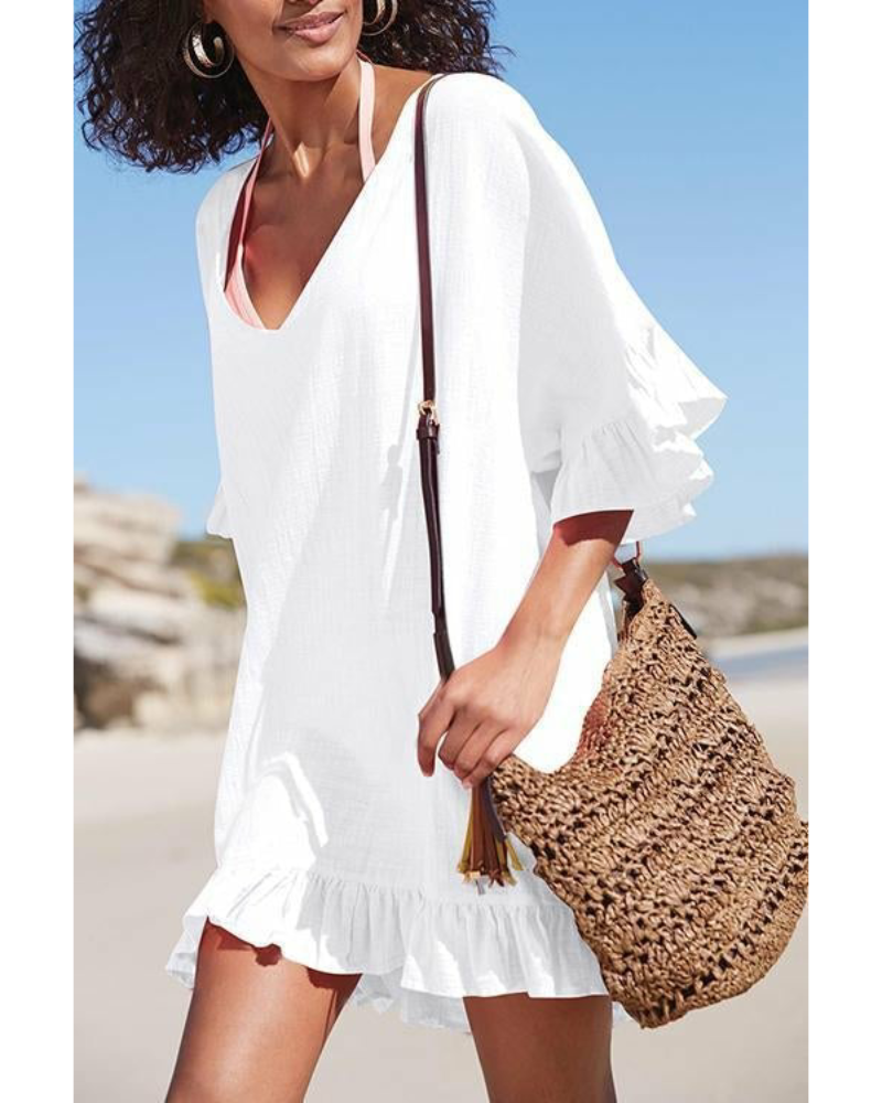 Emoswim - V Neck Solid Color Cover Up-White