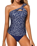 Emoswim - Flattering One Shoulder Backless & Strapless One Shoulder Tankini Swimsuit-Navy Blue Dots