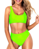 Emoswim - High Leg Cut Swimsuit Crop Top Two Piece Scoop Neck Bikini For Women-Neon Green