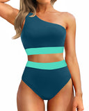 Emoswim - One Shoulder High Waisted Bikini Sets Two Piece Swimsuit Tummy Control-Teal Green