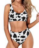 Emoswim - Stretches Torso Two Piece Swimsuit Sports Two Piece Bikini For Women-Black And White Cow Pattern