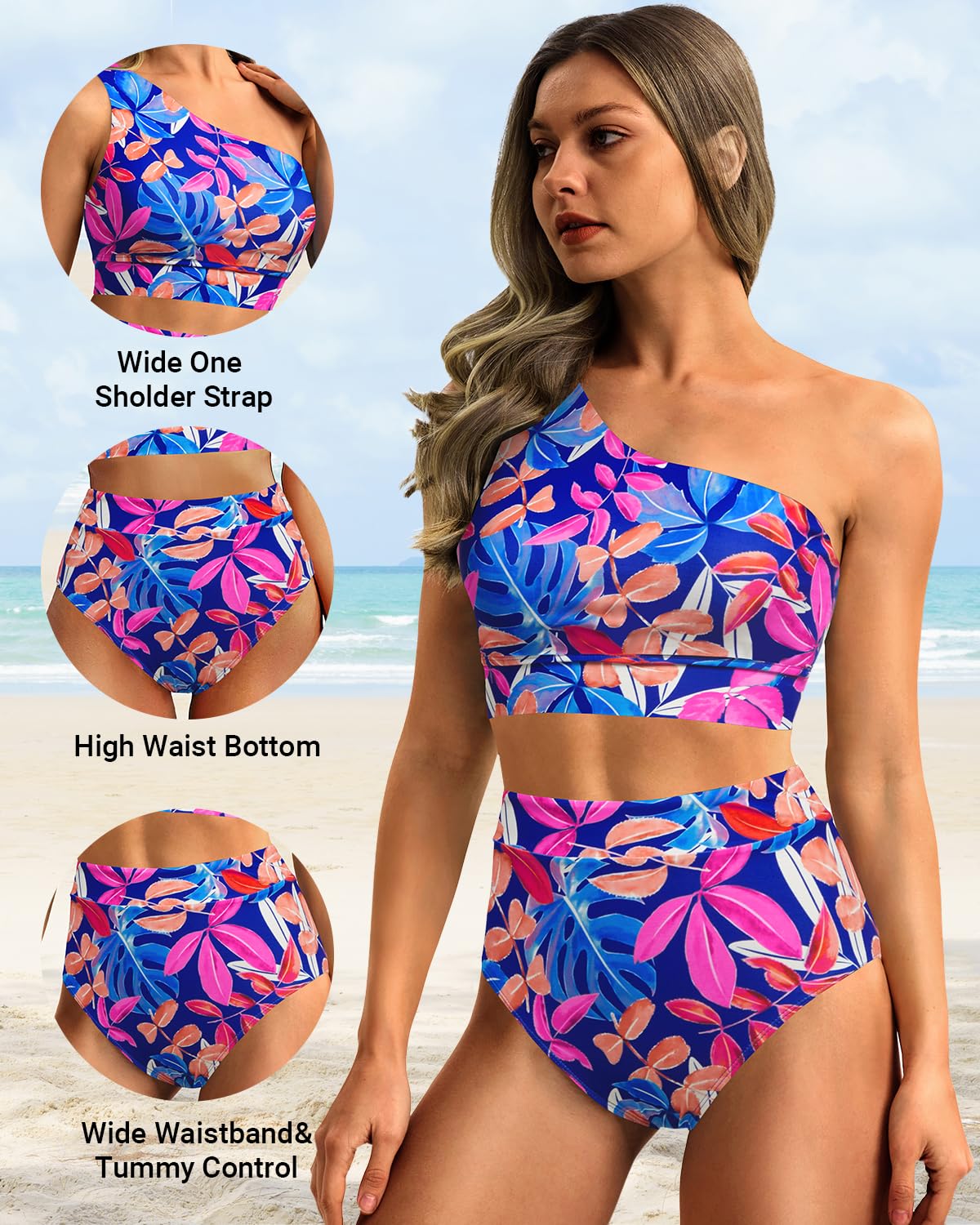 Emoswim - One Shoulder High Waisted Bikini Sets Two Piece Swimsuit Tummy Control-Colorful Leaves