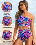 Emoswim - One Shoulder High Waisted Bikini Sets Two Piece Swimsuit Tummy Control-Colorful Leaves