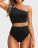 Emoswim - One Shoulder High Waisted Bikini Sets Two Piece Swimsuit Tummy Control-Black