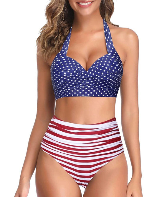 Emoswim - Women's Retro Halter Ruched Vintage High Waisted Bikini-Flag