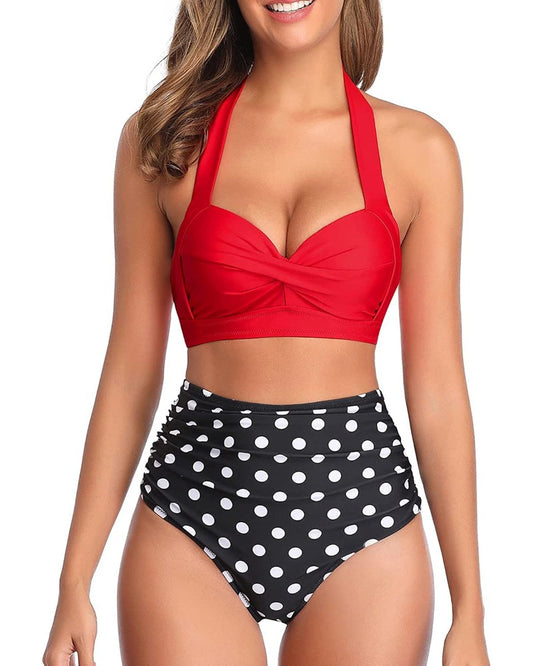 Emoswim - Two Piece Vintage Swimsuit High Cut Bikini Bottom-Red Dot