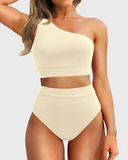 Emoswim - One Shoulder High Waisted Bikini Sets Two Piece Swimsuit Tummy Control-Beige