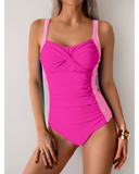 Emoswim - Women One Piece Swimsuit Ruched Tummy Control Bathing Suit Slimming Color Block Swim Suit Swimwear-Pink