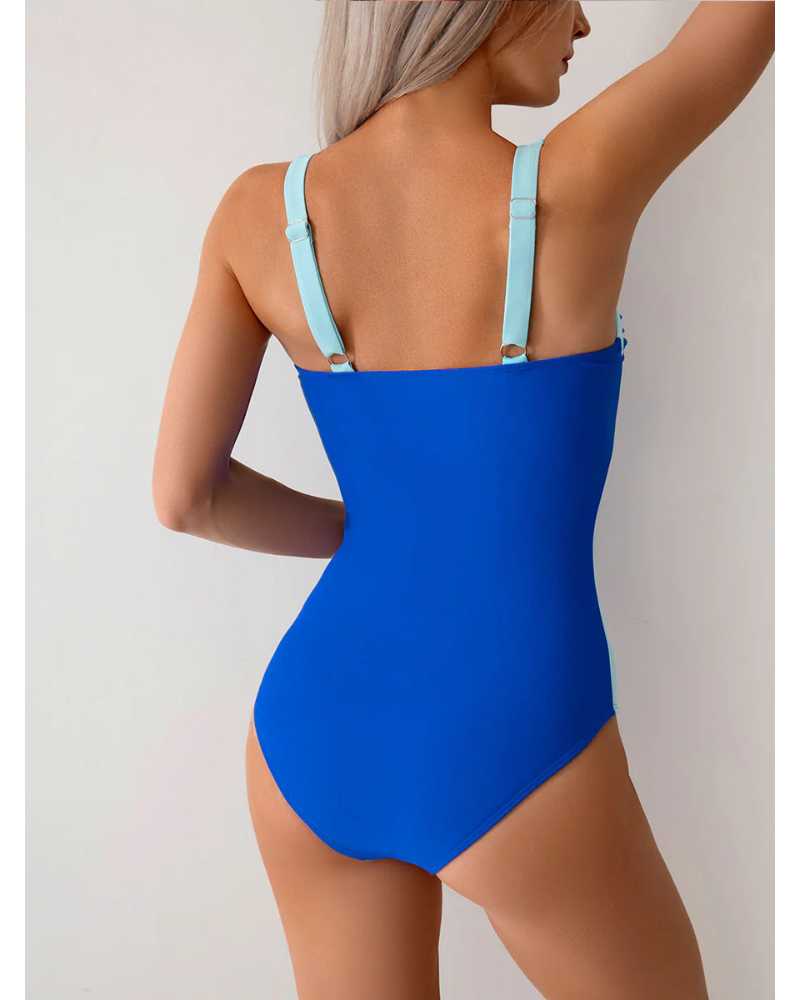 Emoswim - Women One Piece Swimsuit Ruched Tummy Control Bathing Suit Slimming Color Block Swim Suit Swimwear-Blue