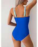Emoswim - Women One Piece Swimsuit Ruched Tummy Control Bathing Suit Slimming Color Block Swim Suit Swimwear-Blue
