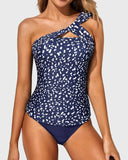 Emoswim - Flattering One Shoulder Backless & Strapless One Shoulder Tankini Swimsuit-Navy Blue Dots