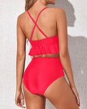 Emoswim - Two Piece Charming Deep V Neck Tummy Control Bikini Set-Neon Red