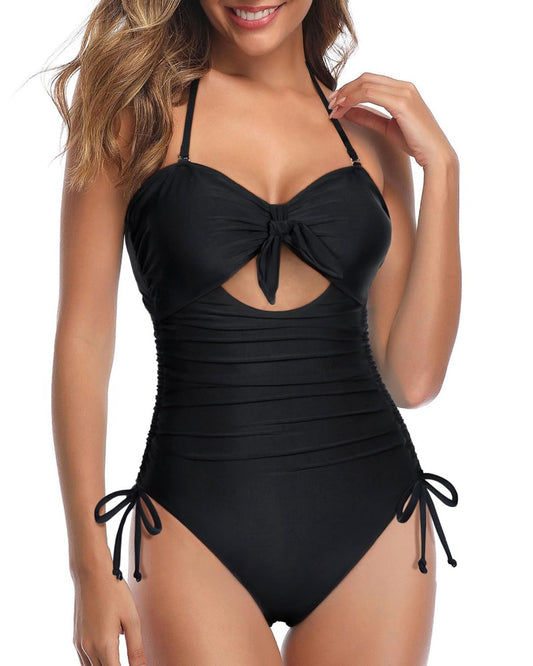 Emoswim - Tummy Control High Waisted Halter Sexy Cutout One Piece Swimsuits-Black