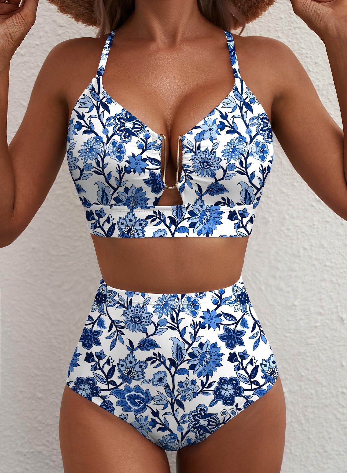 Emoswim - 2026 Summer Two Piece Bikini Set U-Wire Cutout High Waisted Swimsuit-Blue Floral