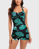 Emoswim - Women Tummy Control One Piece Swimsuits Shorts Boyleg-Green Leaves