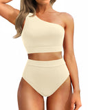 Emoswim - One Shoulder High Waisted Bikini Sets Two Piece Swimsuit Tummy Control-Beige