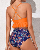 Emoswim - Tummy Control Two Piece Bikini Set Deep V Neckline-Orange Floral