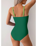 Emoswim - Women One Piece Swimsuit Ruched Tummy Control Bathing Suit Slimming Color Block Swim Suit Swimwear-Green